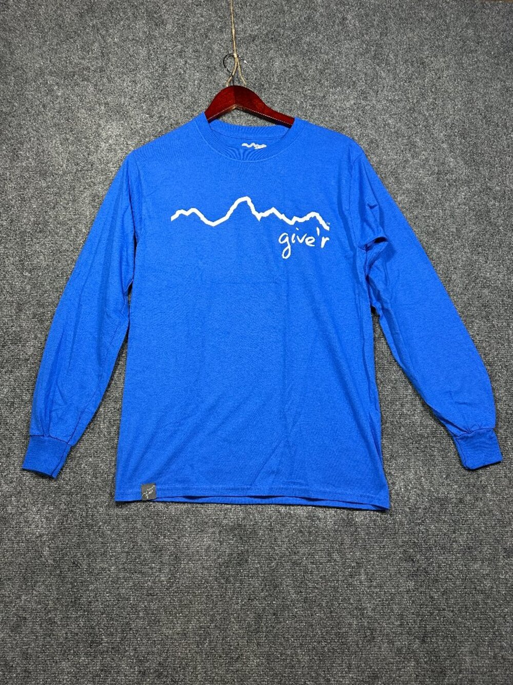 Give'r Your All Tee Shirt Mens Small Blue Cotton Long Sleeve Crew Neck Fly Fish